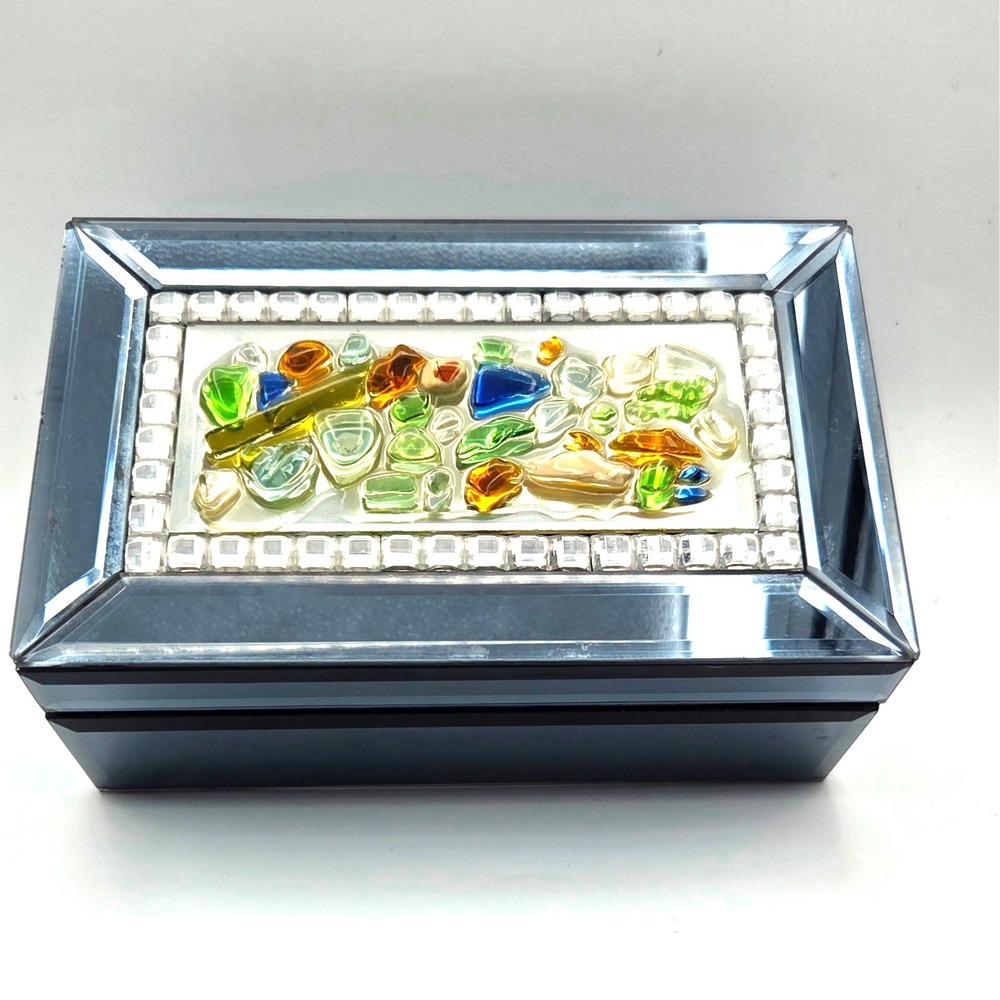 Vintage Mirrored Hinged Jewelry Box Beveled Edges with Mosaic Mixed Glass Pieces